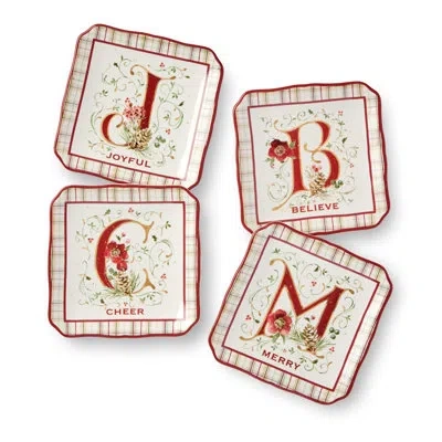 Certified International Winter Blooms Set Of 4 Holiday Canape Plates – Festive Floral Ceramic Appetizer Dishes With Poinsett In Brown;white;green;red;pink