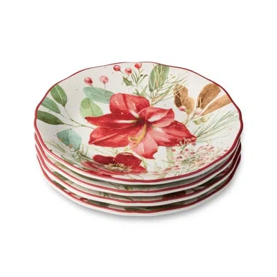 Certified International Winter Blooms Set Of 4 Holiday Dessert Plates – 9" Festive Floral Ceramic Plates With Poinsettias &  In Brown;white;green;red;pink