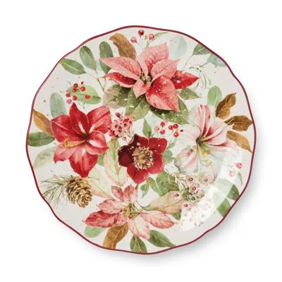 Certified International Winter Blooms Set Of 4 Holiday Dinner Plates – 11" Romantic Ceramic Christmas Plates With Poinsettia In Brown;white;green;red;pink