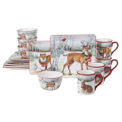 Certified International Winter Forest 16pc Dinnerware Set In Black;brown;white;green;red
