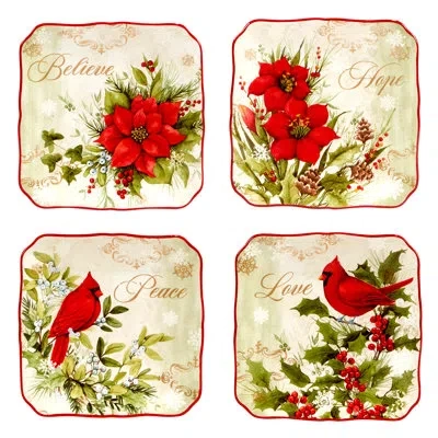 Certified International Winter''s Medley Set Of 4 Canape Plates In White;green;red