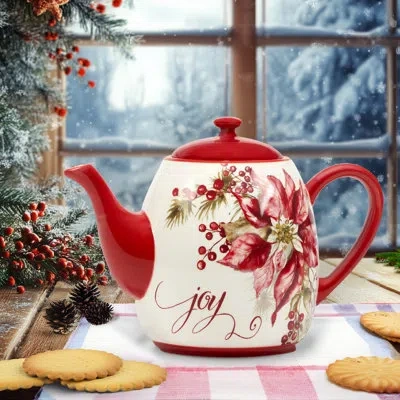 Certified International Winters Joy Teapot 40 Oz. In White;green;red