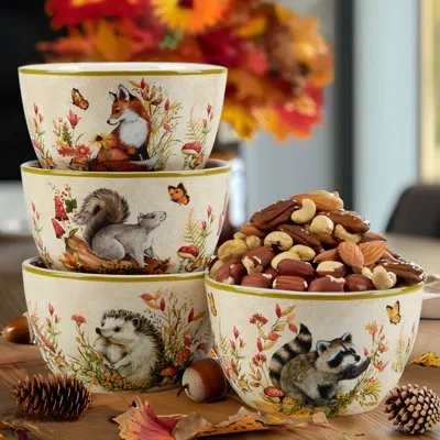 Certified International Woodland Critters Set Of 4 Ice Cream Bowls In Black;brown;white;green;gray;yellow;oran