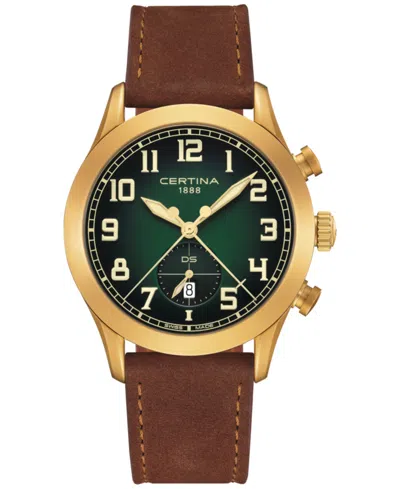 Certina Men's Swiss Chronograph Ds Pilot Brown Strap Watch 43mm In Green