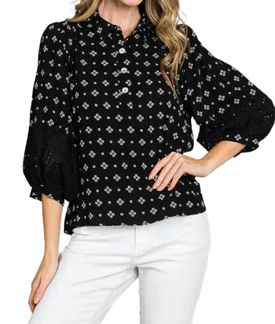 Cerule Bracelet Sleeve With Embroidered Eyelet Lace Trim Blouse In Black