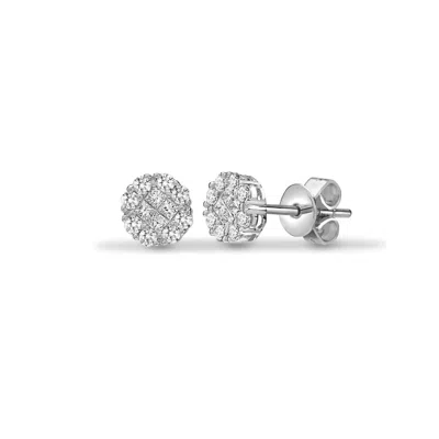 Cervin Blanc Women's Silver / White White Gold Princess And Round Diamond Cluster Stud Earrings In Multi