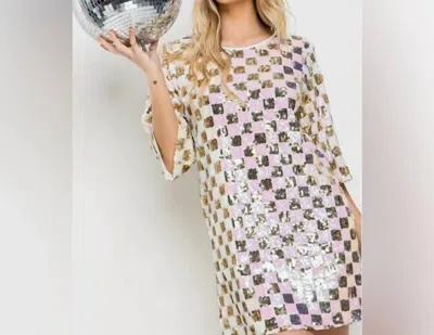 Ces Femme Checker Sequin Dress In White/gold