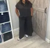 Ces Femme Distressed Top And Wide Leg Pants Matching Set In Faded Black In Black