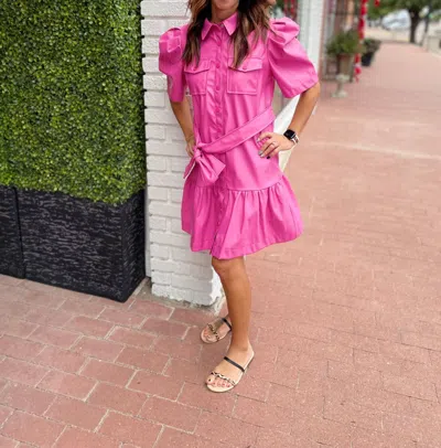 Ces Femme Faux Leather Puff Sleeve Dress In Pink In Purple