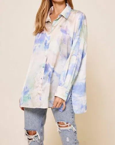 Ces Femme Monica Tie Dye Print Boyfriend Satin Shirt And Matching Crop Top In Blue Multi