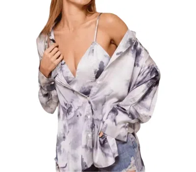Ces Femme Monica Tie Dye Print Boyfriend Satin Shirt And Matching Crop Top In Gray Multi