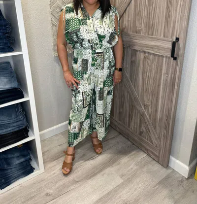 Ces Femme Paisley Print Summer Jumpsuit In Green & Ivory