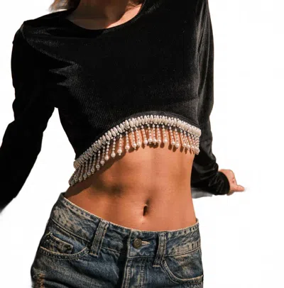 Ces Femme Rib Velvet Pearl Fringe Crop Top In Black