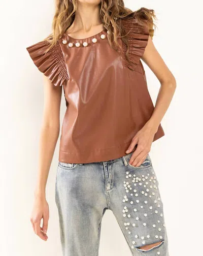 Ces Femme Smocked Ruffled Shoulder Pearl Detail Top In Brown