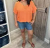 Ces Femme V-neck Boxy Fit Lightweight Spring Knit Sweater Top In Orange