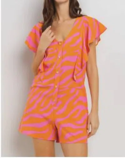Ces Femme V-neck Butterfly Sleeve Button Down Romper In Orange/pink In Purple