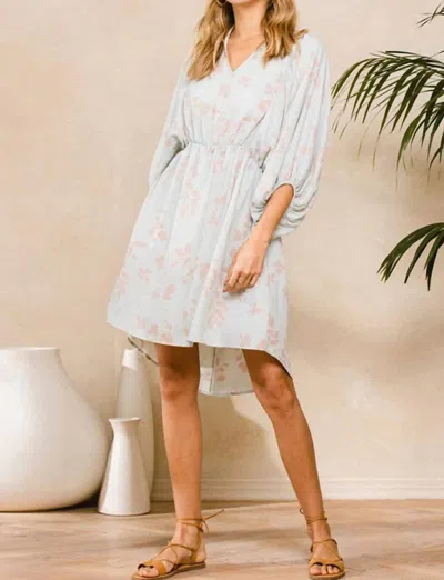 Ces Femme V-neck Floral Elastic Waist Dress In Pastel Blue In White