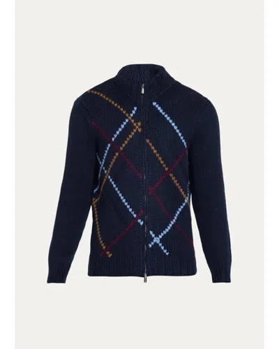 Cesare Attolini Men's Cashmere Full-zip Argyle Cardigan In Blue
