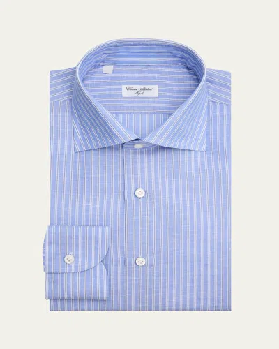 Cesare Attolini Men's Cotton And Linen Multi-stripe Dress Shirt In Blue