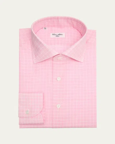 Cesare Attolini Men's Cotton And Linen Plaid Dress Shirt In Pink