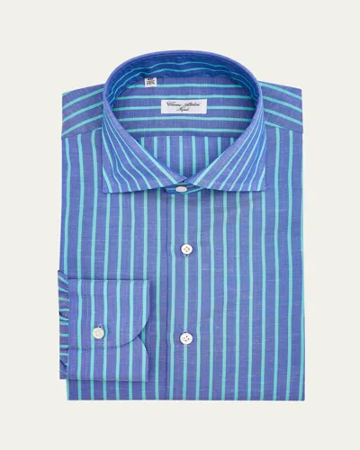 Cesare Attolini Men's Cotton And Linen Stripe Sport Shirt In Blue