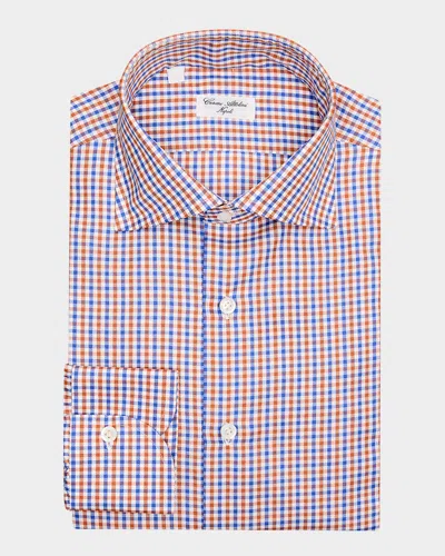 Cesare Attolini Men's Cotton Micro-gingham Spread-collar Sport Shirt In Blue