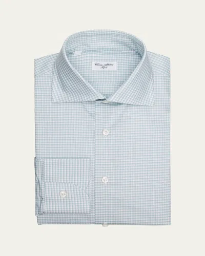 Cesare Attolini Men's Cotton Micro-check Spread Collar Dress Shirt In Blue