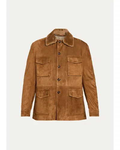 Cesare Attolini Men's Faux-fur Collar Suede Jacket In Brown