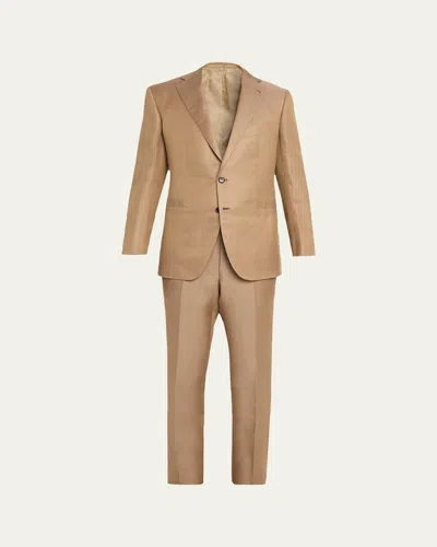 Cesare Attolini Men's Linen And Silk Topstitch-pocket Two-piece Suit In Brown