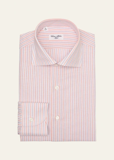 Cesare Attolini Men's Linen-cotton Stripe Dress Shirt In 002-orange