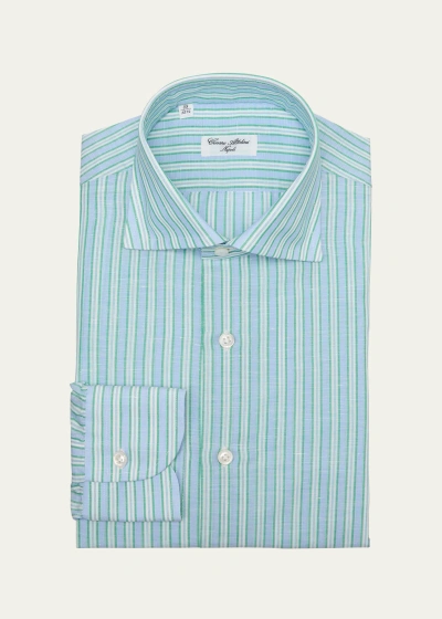 Cesare Attolini Men's Linen-cotton Stripe Dress Shirt In 016-blue
