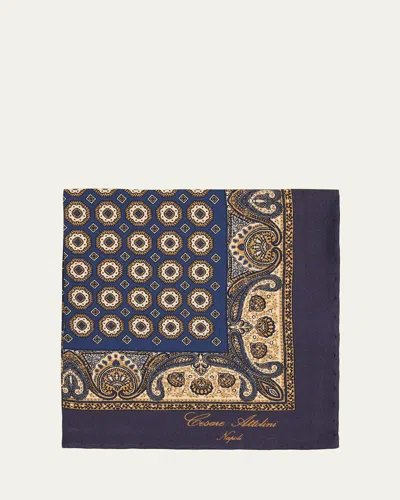 Cesare Attolini Men's Medallion Silk Pocket Square In Blue
