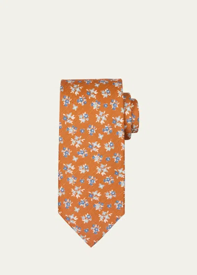 Cesare Attolini Men's Silk-linen Floral-print Tie In Orange