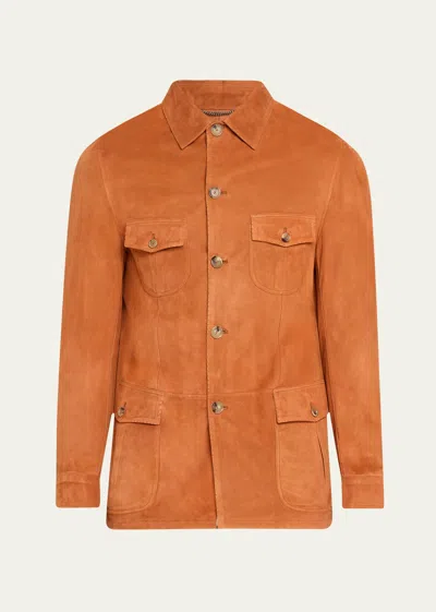 Cesare Attolini Men's Suede Safari Jacket In Orange