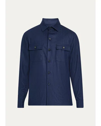Cesare Attolini Men's Wool Micro-herringbone Overshirt In Blue