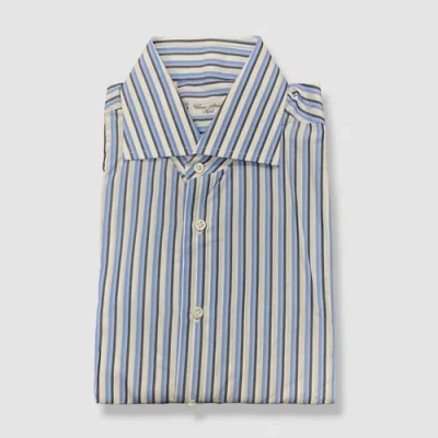 Pre-owned Cesare Attolini Napoli $1000  Men's Blue Striped Dress Shirt Size 17 / 43