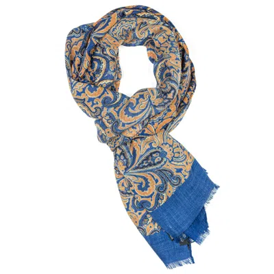 Pre-owned Cesare Attolini Scarf In Blue-orange With Paisley Pattern Made Of Cashmere