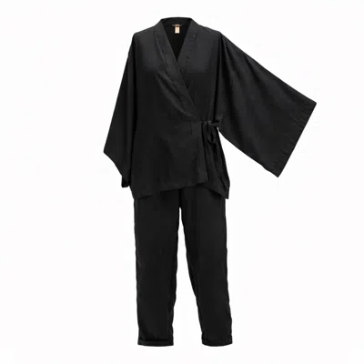Ceva Cu Dichis Black Cupro Kimono & Trousers Set