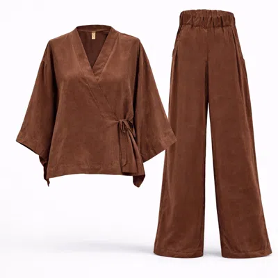 Ceva Cu Dichis Chocolate Brown Cupro Set Kimono & Wide Leg Trousers