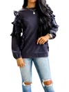 Cezele Here For Good Ruffle Sleeve Sweatshirt In Navy In Blue