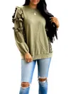 Cezele Here For Good Ruffle Sleeve Sweatshirt In Olive In Green