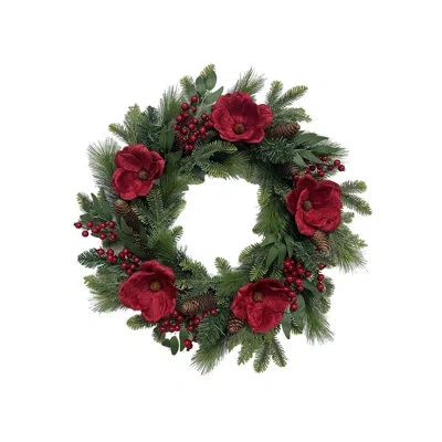 Cg Hunter 26 In. Pre-lit Red Magnolia Pinecone And Berry Holiday Wreath With Timer