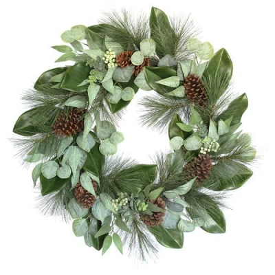 Cg Hunter 28 Inch Magnolia, Eucalyptus, Pinecone, & Needle Pine Wreath In Green