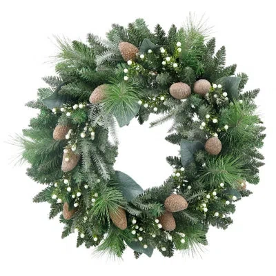 Cg Hunter 30" Flocked Woodland Pine And Berry Wreath With Pinecones And Frosted Foliage In Green