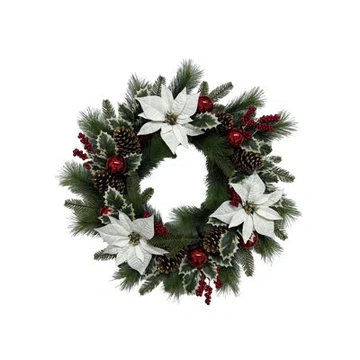 Cg Hunter Cgh Designs 26 In. Pre-lit White Poinsettia Pinecone And Berry Holiday Wreath With Timer In Green