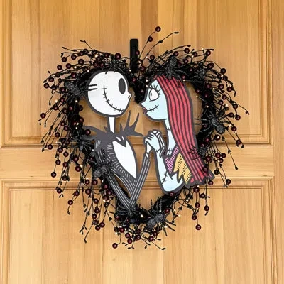 Cg Hunter Disney Jack And Sally 26-inch Pre-lit Halloween Wreath With 45 Led Lights Black And White Foliage