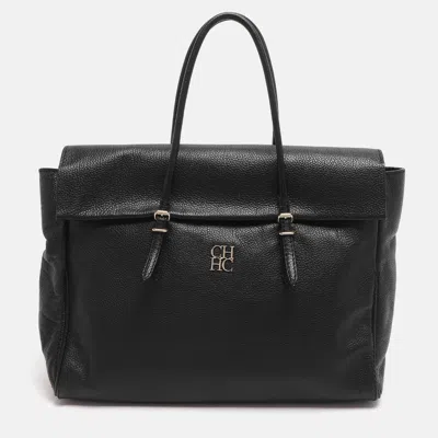 Ch Carolina Herrera Adagio Tempo Collection Black Leather Tote