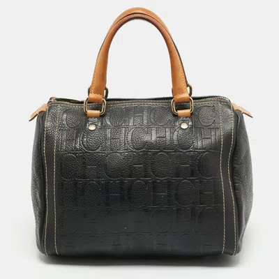 Pre-owned Ch Carolina Herrera Andy Black Monogram Embossed Leather Boston Bag