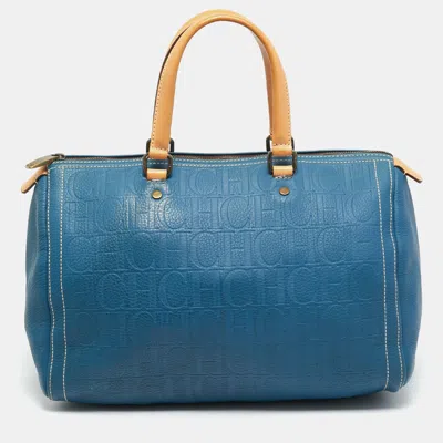 Pre-owned Ch Carolina Herrera Andy Large Blue Monogram Embossed Leather Boston Bag