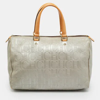 Pre-owned Ch Carolina Herrera Andy Large Grey Monogram Embossed Leather Boston Bag In Gray